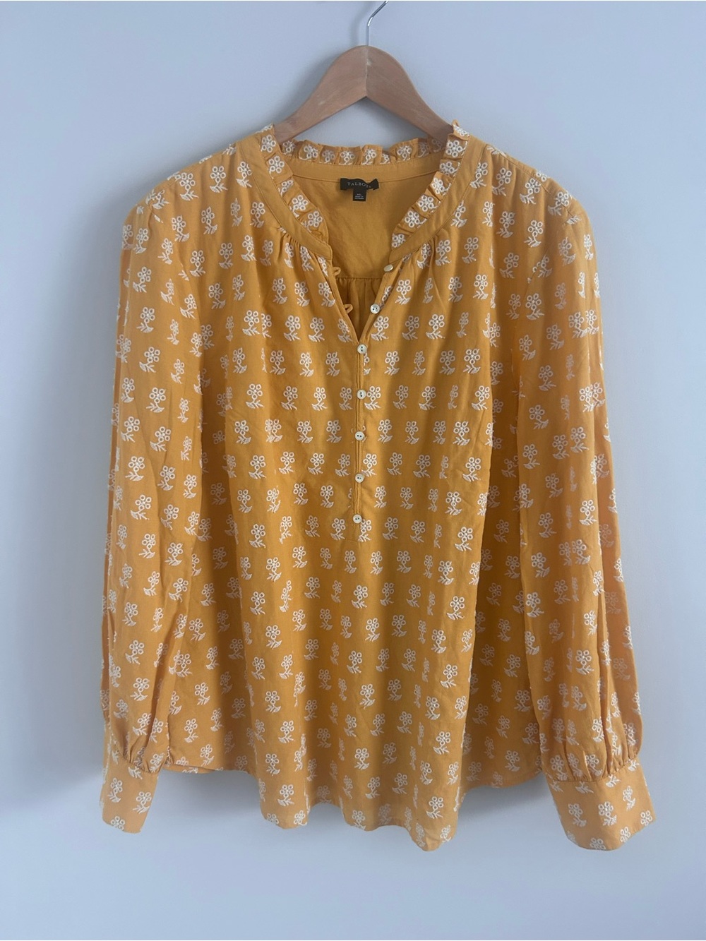 Talbots Marigold Yellow Embroidered Floral Cotton Peasant Blouse, Size  XL